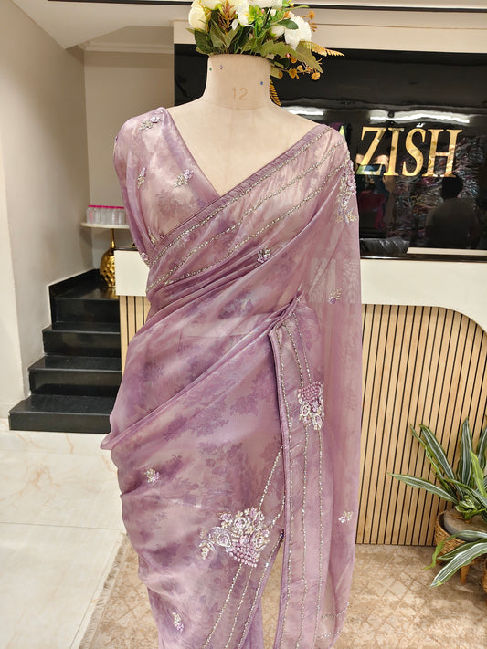 Lavender Self Print Handwork Tissue Saree