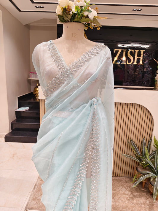 Sea Green Handwork Glass Tissue Saree