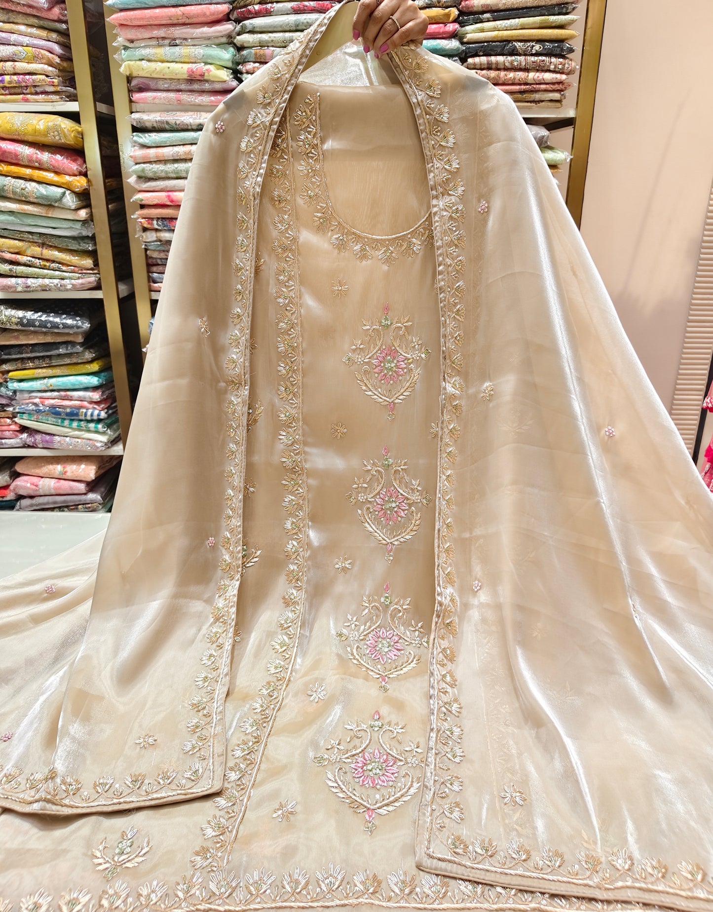 Beige Unstitched Suit
Jimmy Choo Suit Set
Dabka Work Suit
Zari Work Suit
Designer Festive Suit