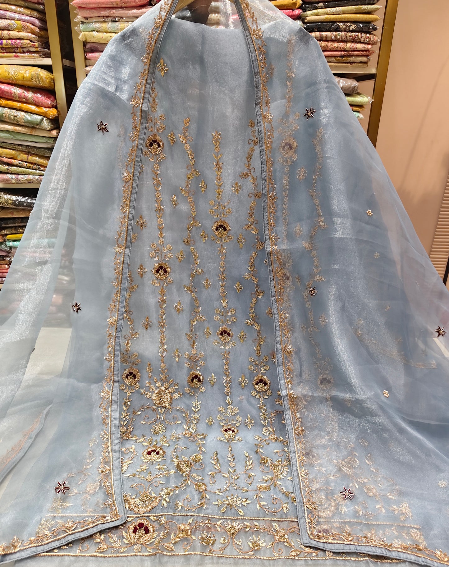 Sky Blue Unstitched Suit
Glass Tissue Suit Set
Dabka Work Suit
Zari Work Suit
Designer Festive Suit