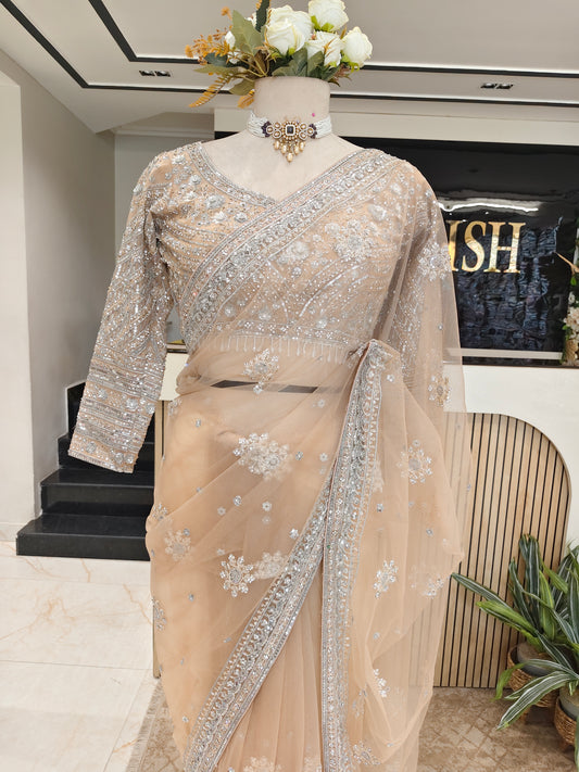 Beige Net Saree