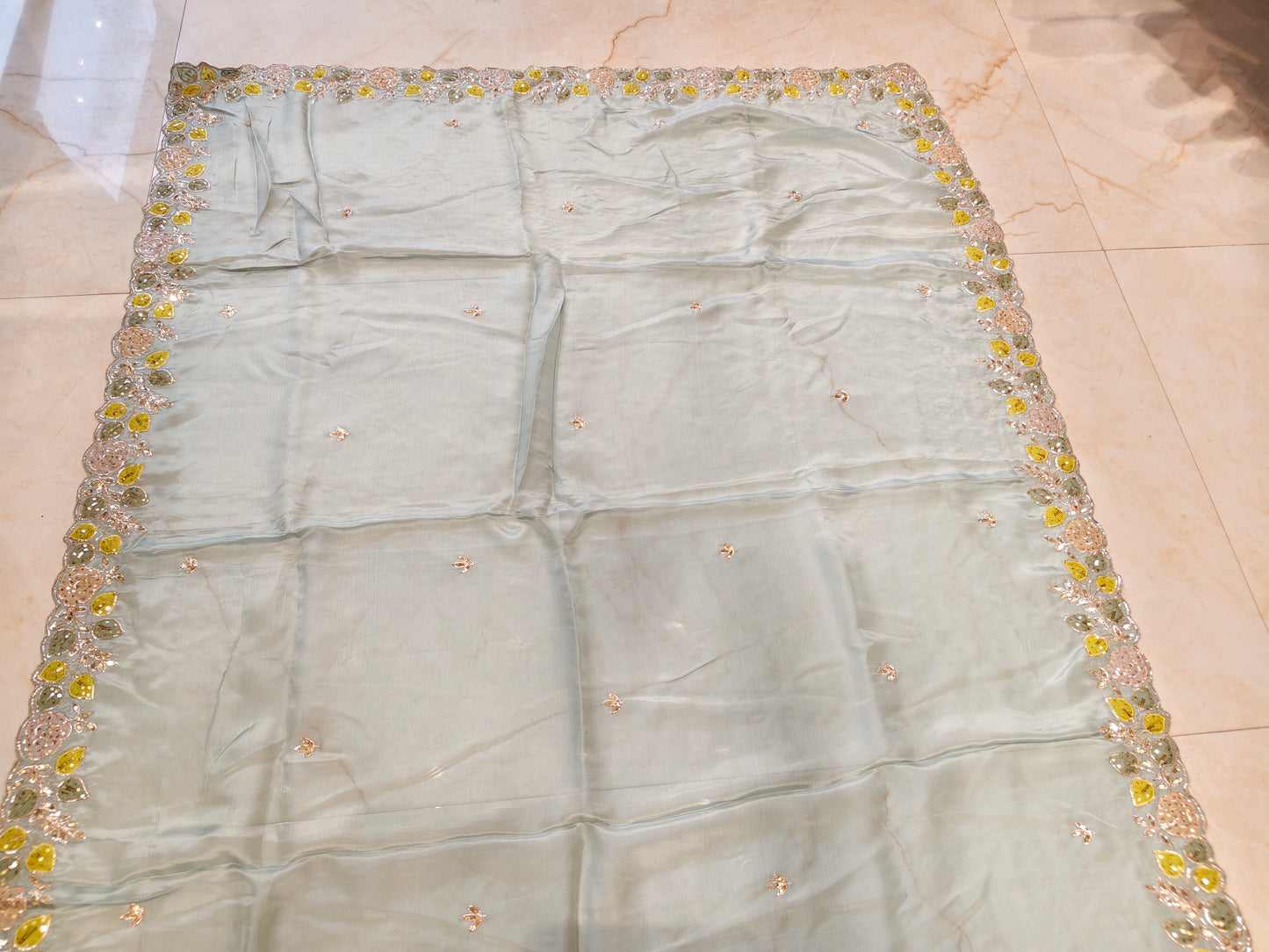 Sea Green Zari Patch Work Crepe Saree with Readymade Blouse