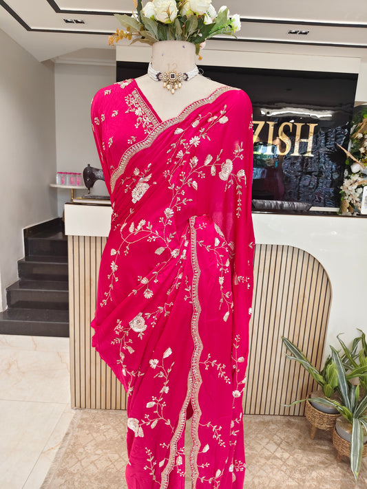 Rani Pink Chinon Saree