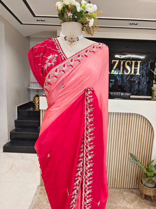 Red Pink Crepe Saree