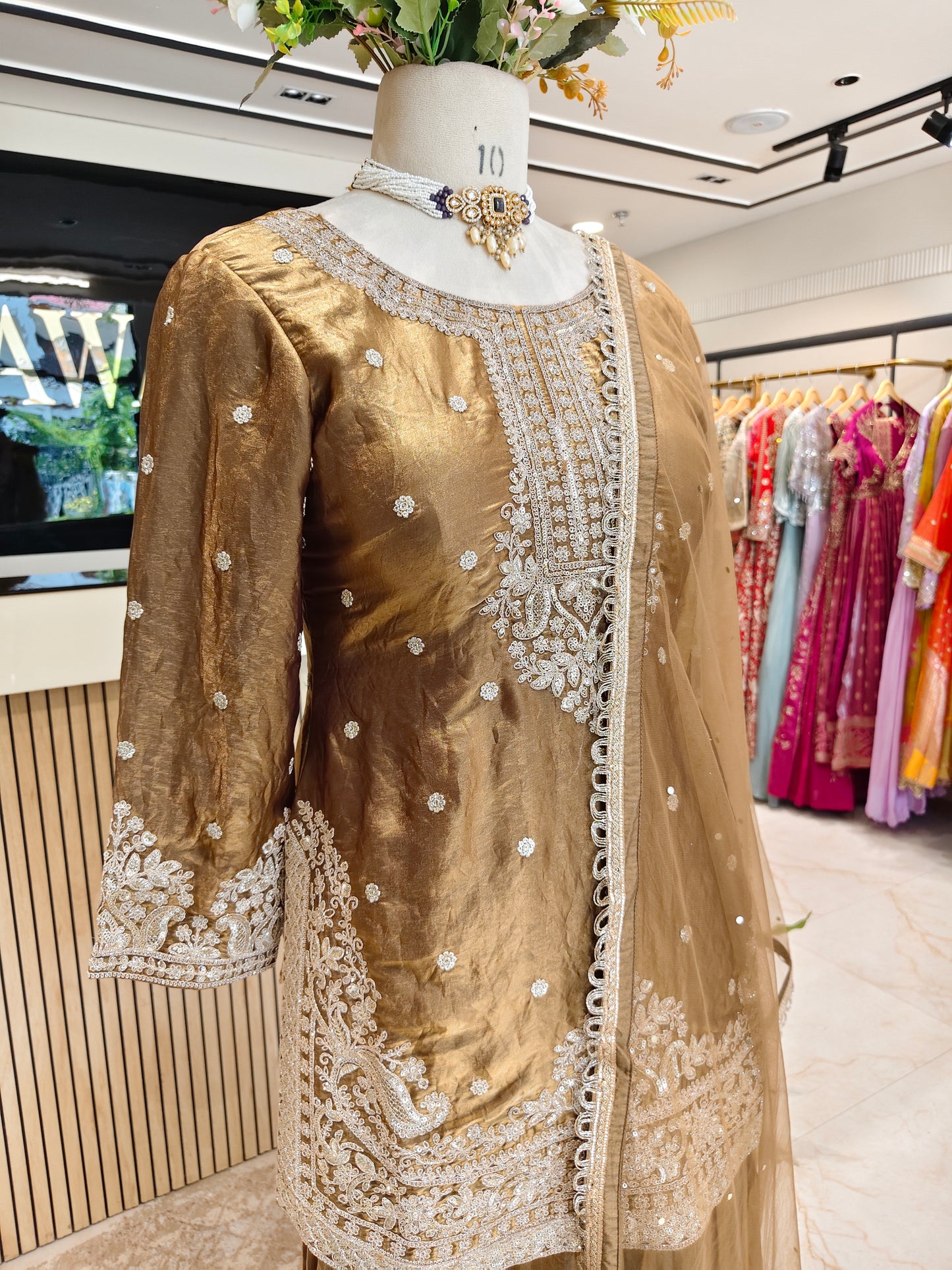 Golden Tissue Sharara Set