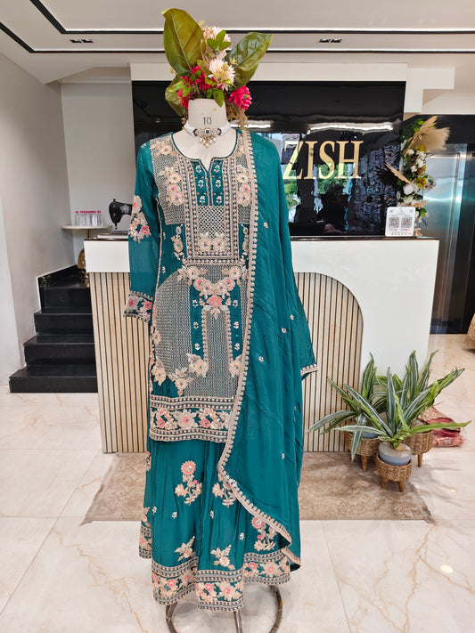 Teal Blue Chinon Chiffon Sharara Set