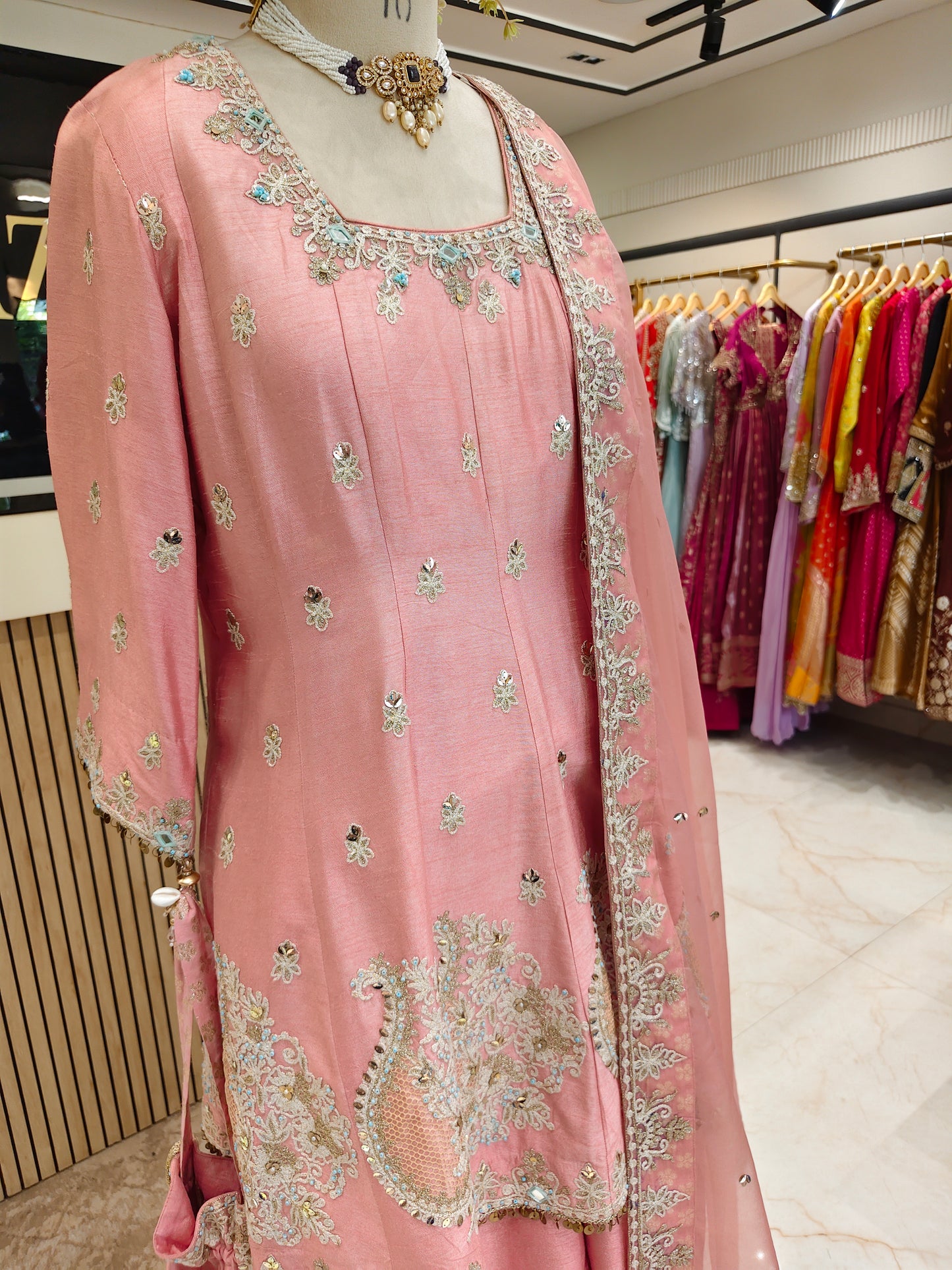 Baby Pink Silk A-Line Kurta Farshi Salwar Set