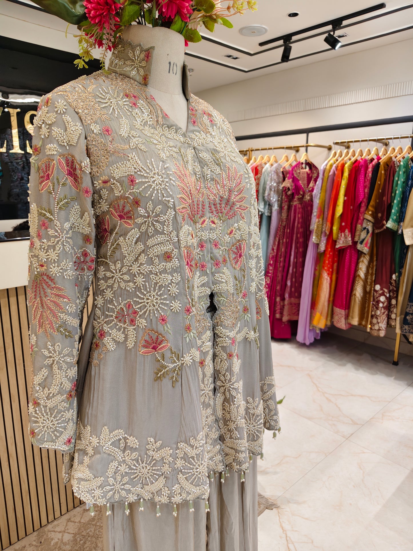 Grey Tissue Blazer Style Sharara Set