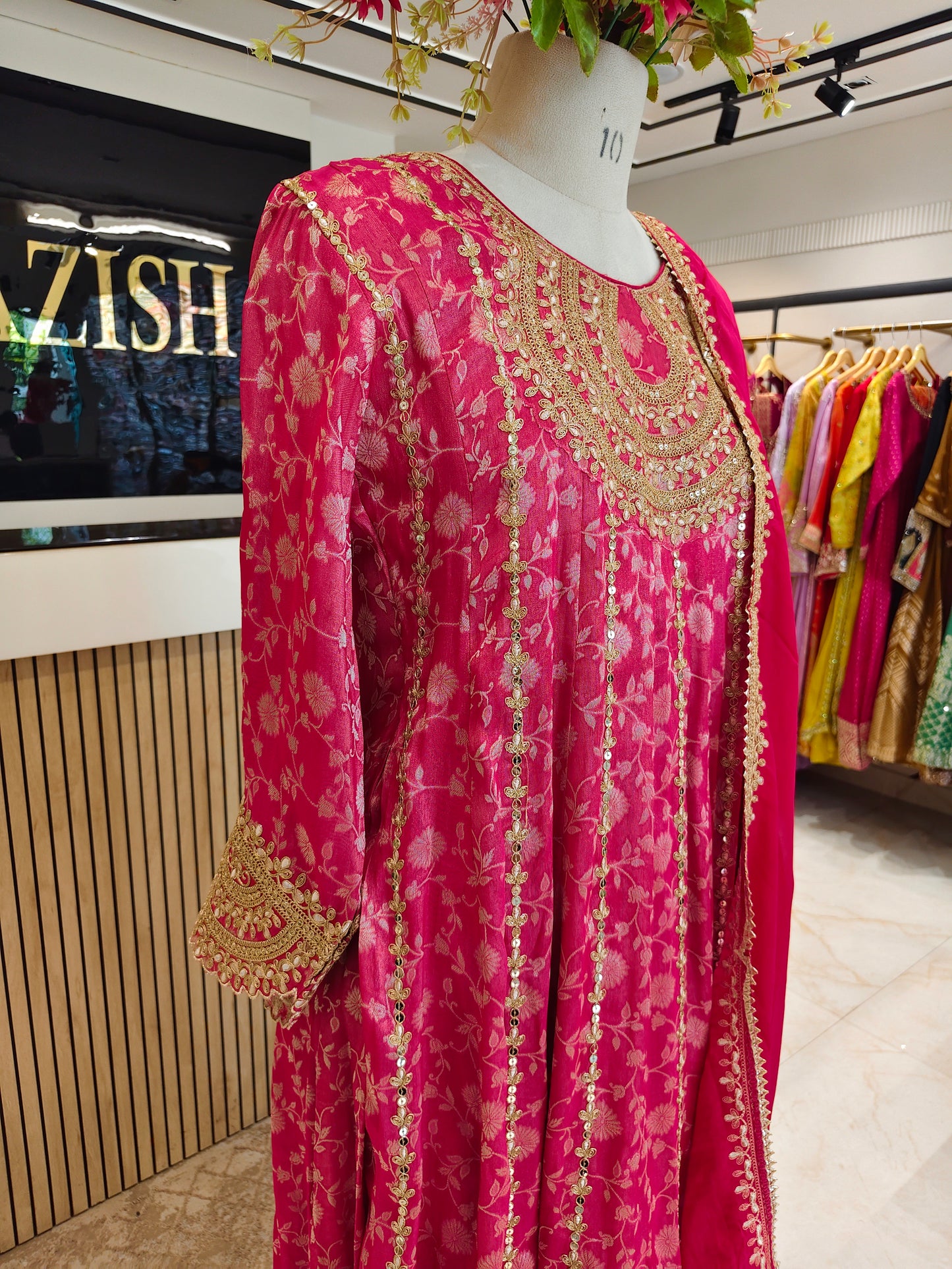 Hot Pink Jacquard Tissue Anarkali SetHot Pink Jacquard Tissue Anarkali Set