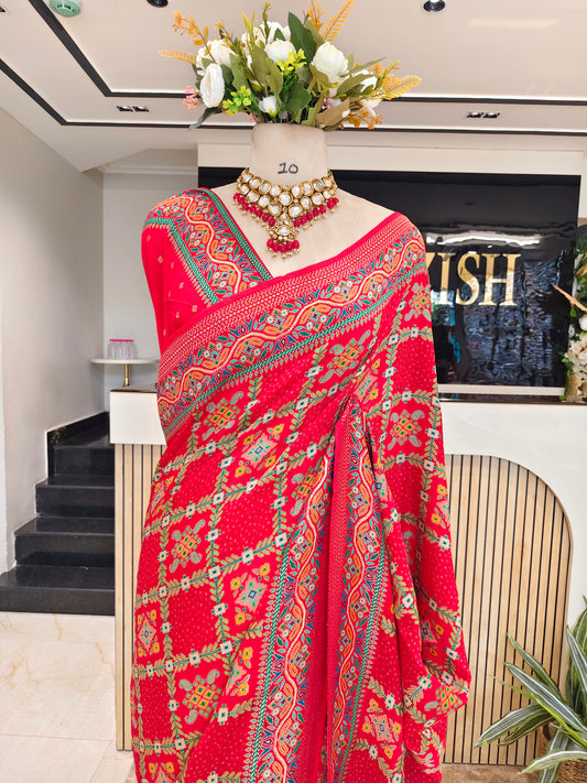 Red Chinon Ikat Printed Saree