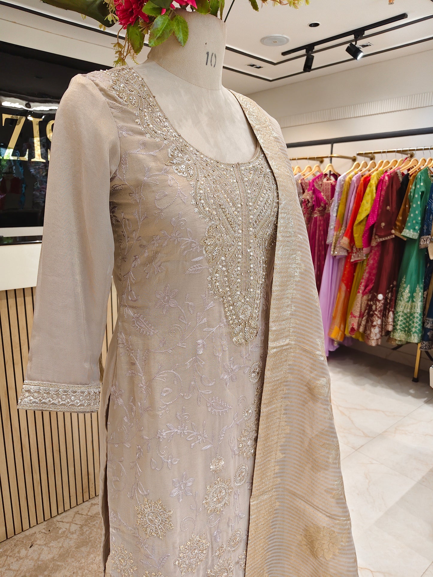 Beige & Rani Pink Tissue Sharara Set