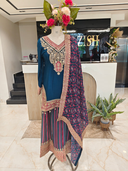 Blue Chinon Kurta Palazzo Set