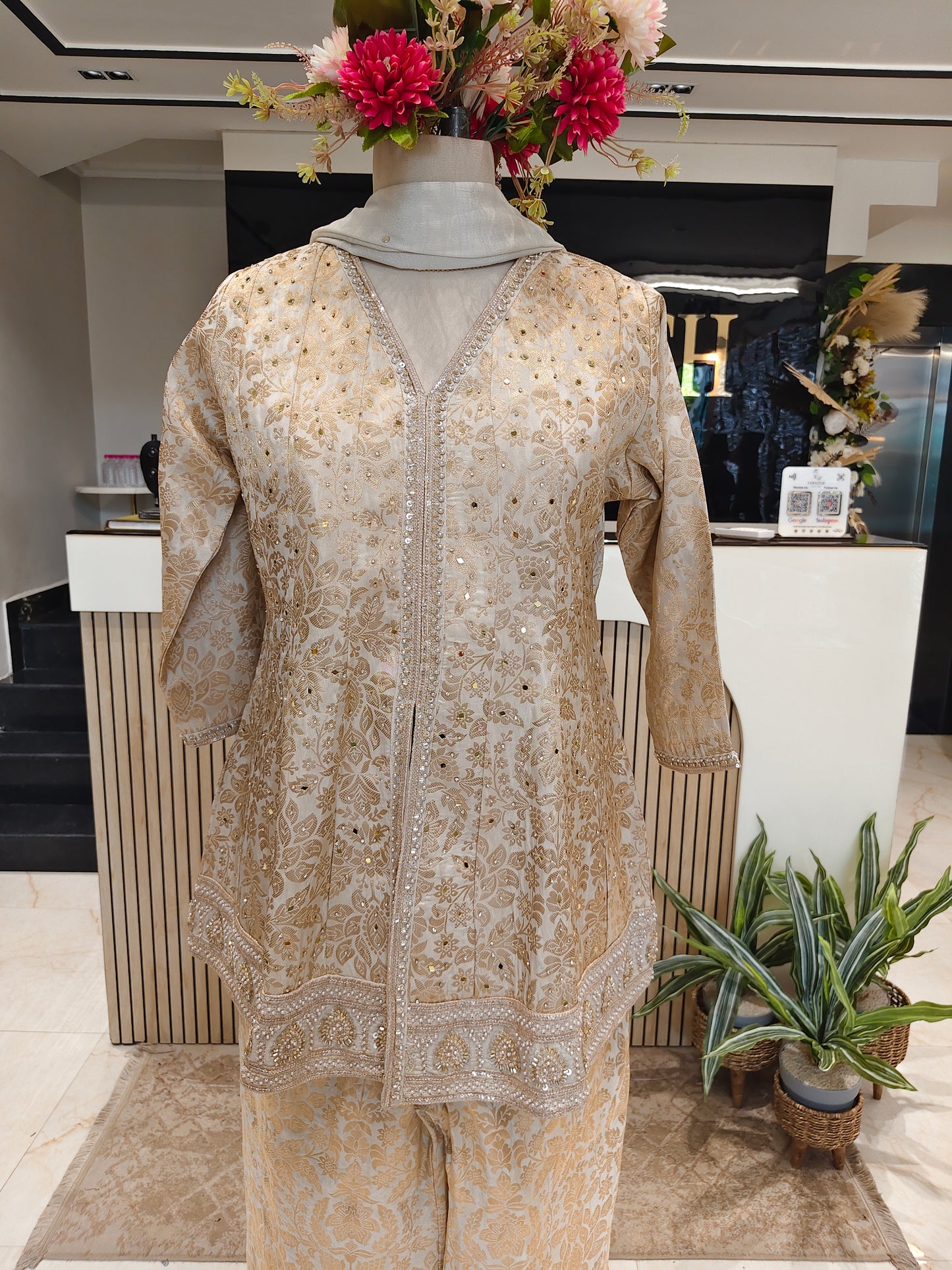 Cream Brocade Kurta Palazzo Set