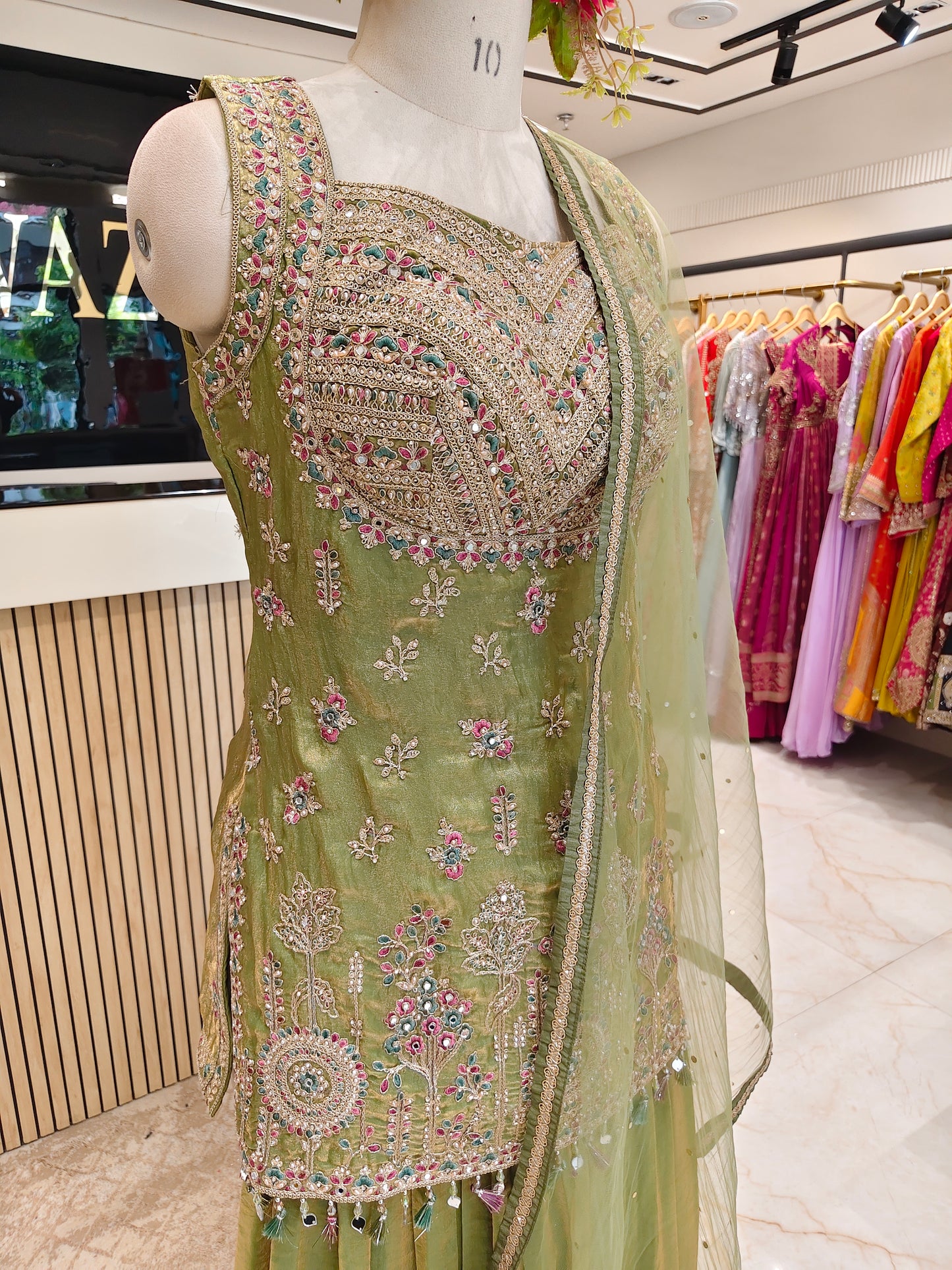 Green Fandy Tissue Sharara Set
