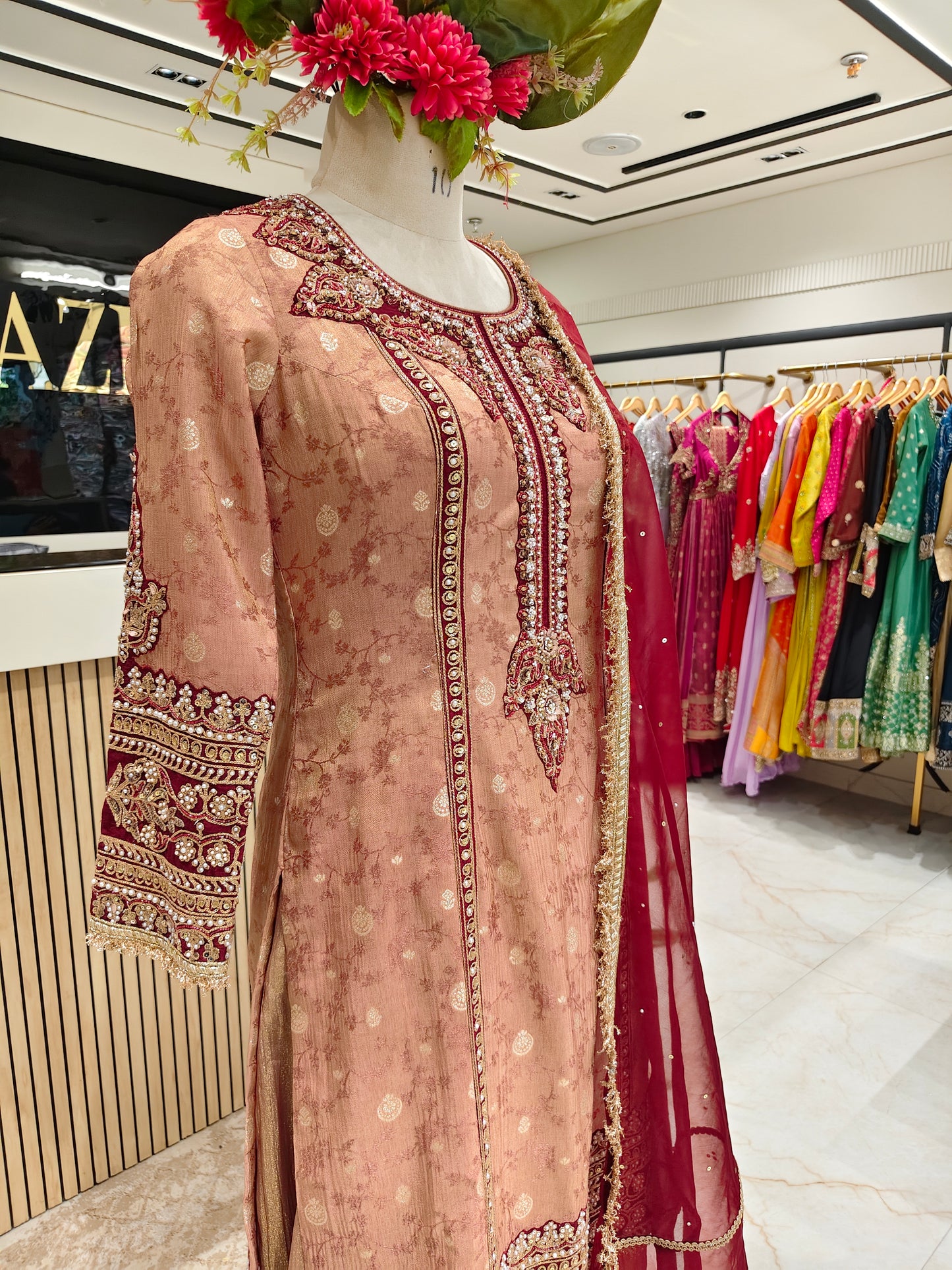 Brown & Maroon Jacquard Tissue Sharara Set