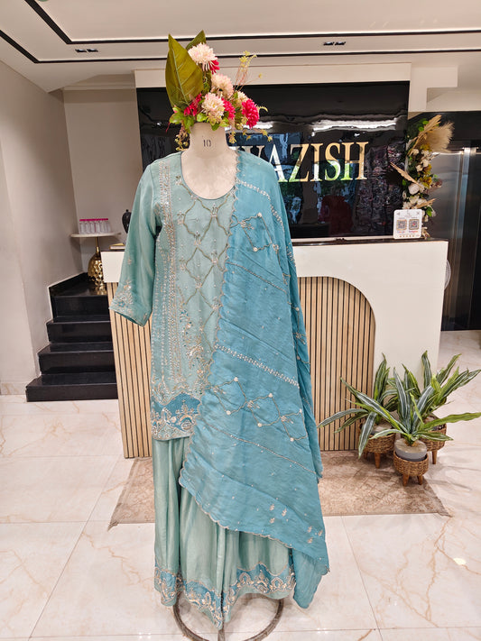 Sea Green Tissue Kurta Garara Set