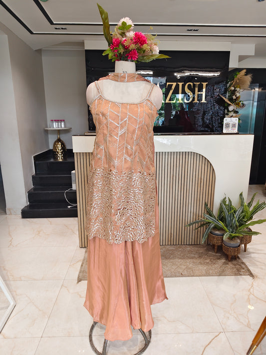 Peach Crush Tissue Kurta Sharara Set