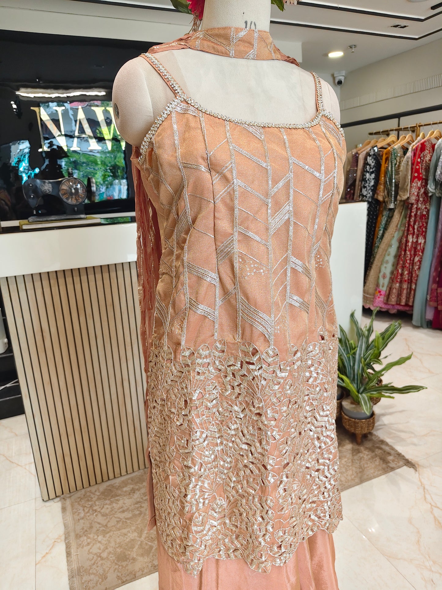 Peach Crush Tissue Kurta Sharara Set