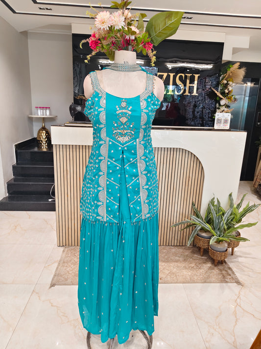 Teal Blue Chiffon Garara Set