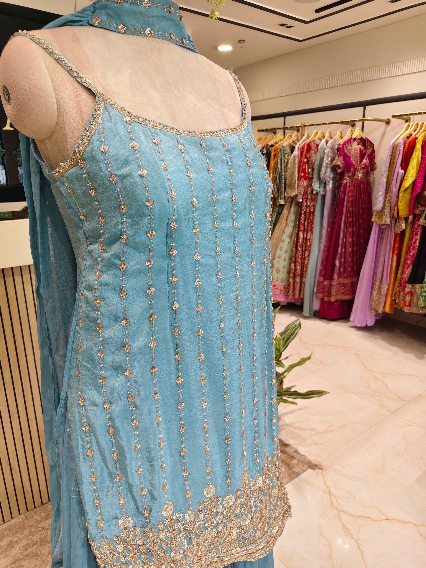 Blue Tissue Kurta Palazzo Set