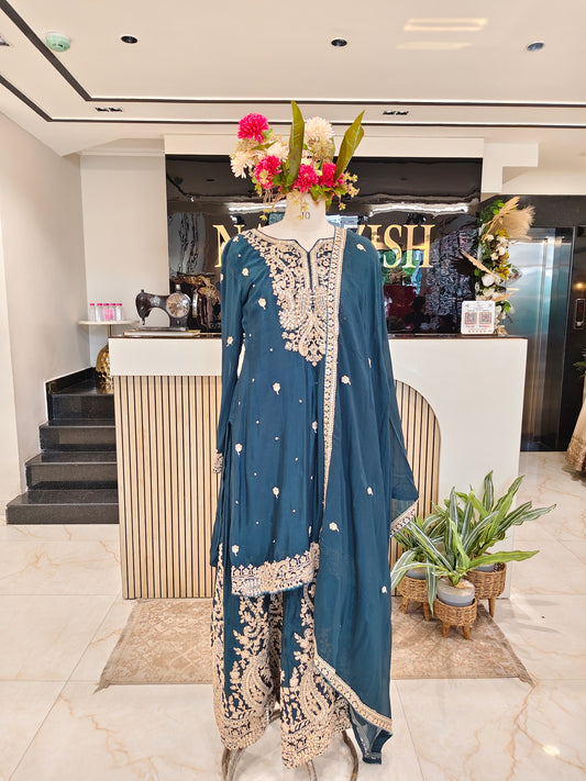 Teal Blue Chinon Sharara Set