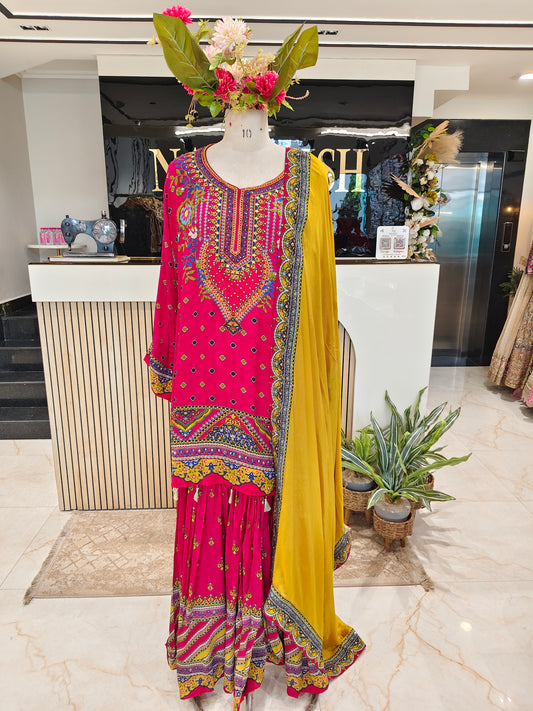 Hot Pink & Yellow Crepe Sharara Set