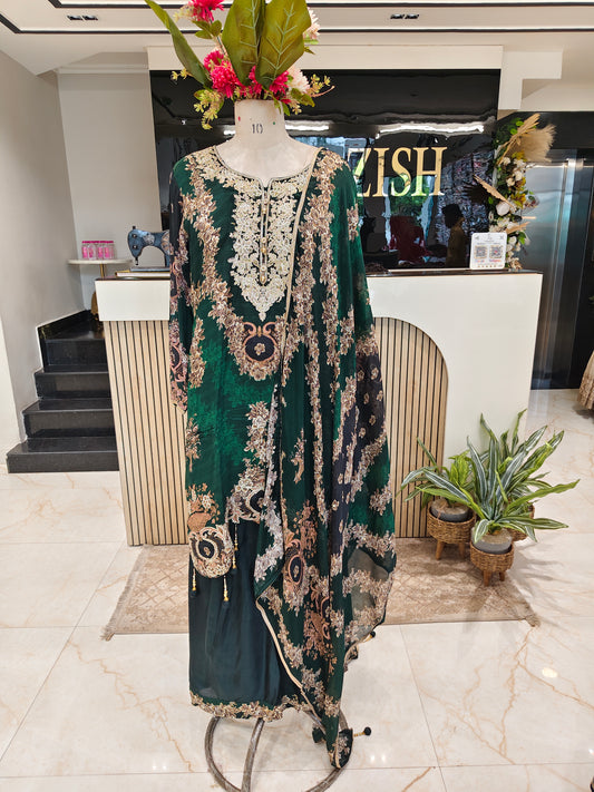 Bottle Green Crepe Sharara Set