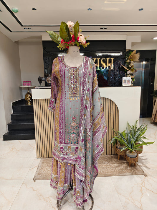 Lavender & Grey Crepe Sharara Set