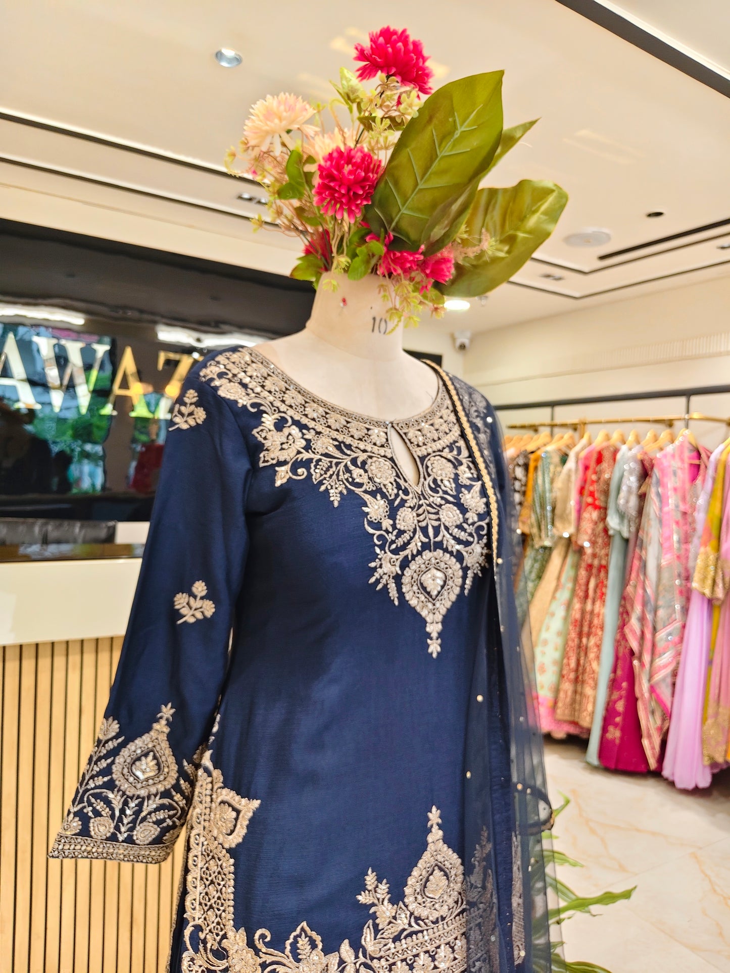 Navy Blue Chinon Sharara Set