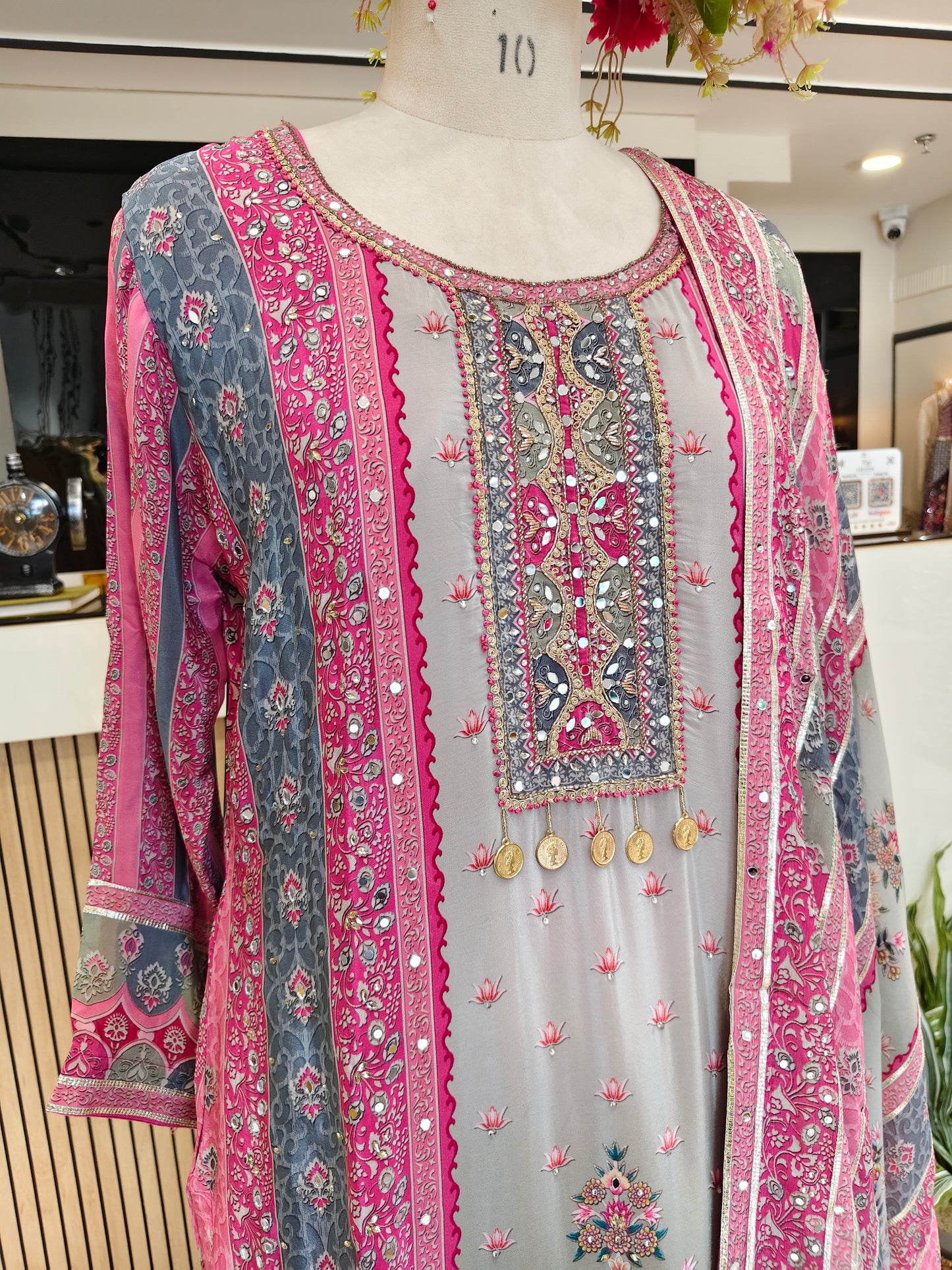 Pink & Grey Crepe Sharara Set