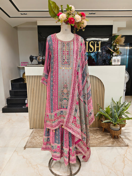 Pink & Grey Crepe Sharara Set