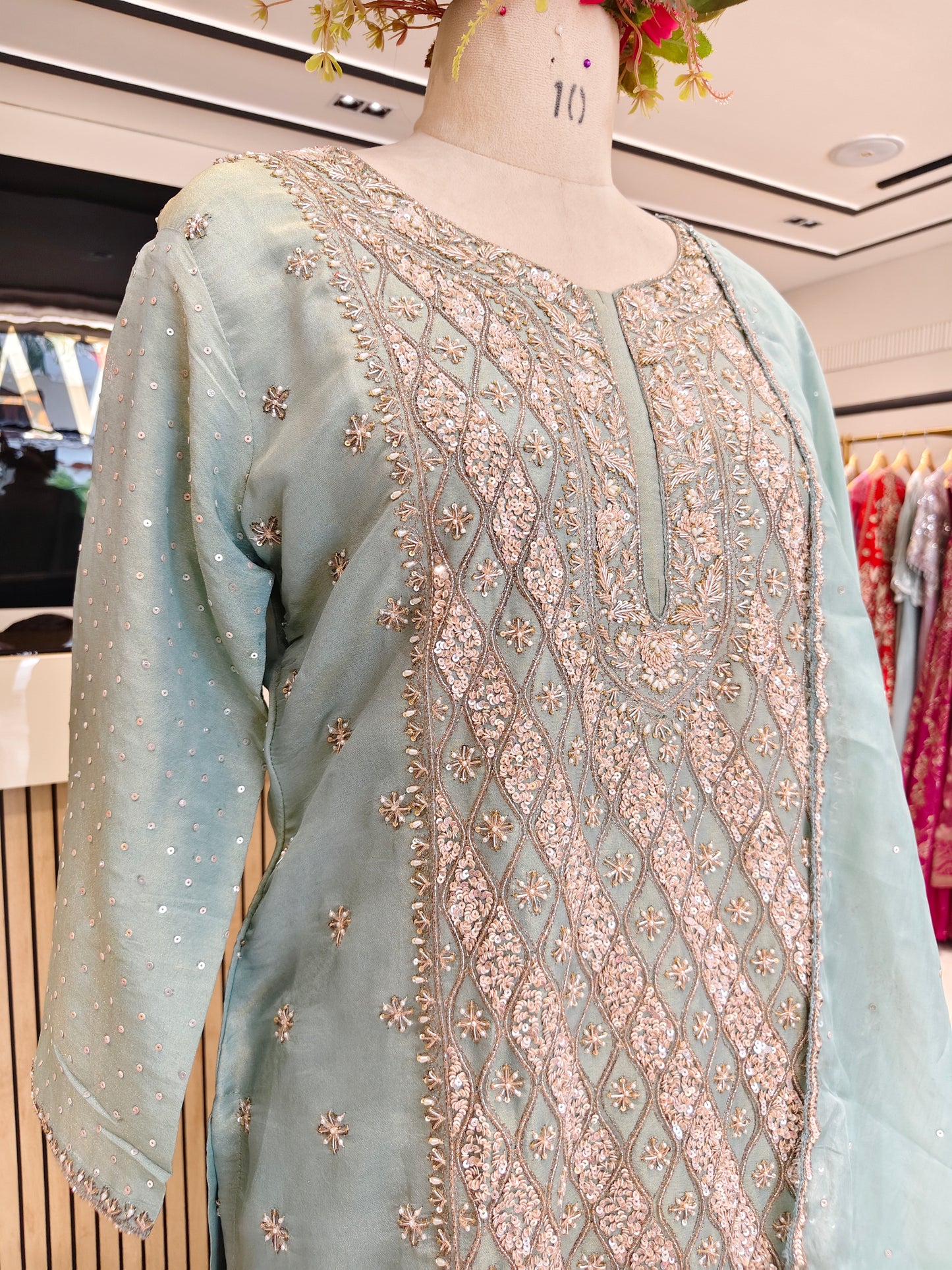 Sea Green Chinon Sharara Set