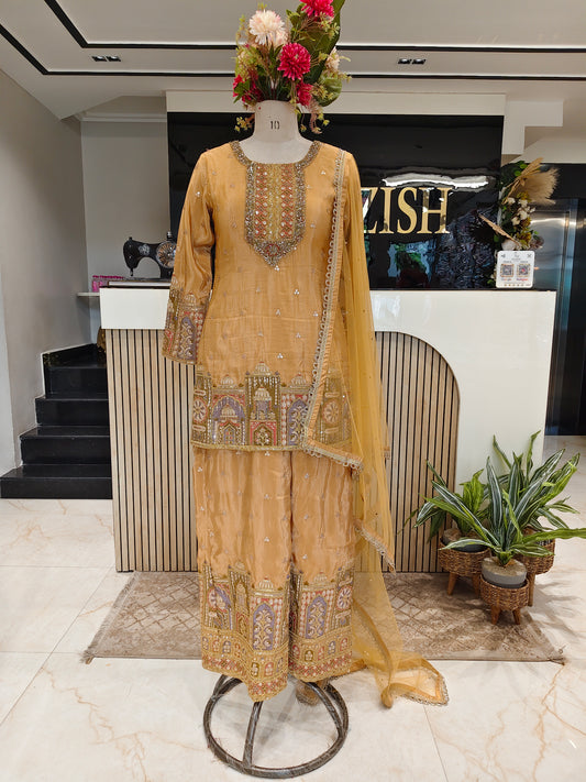 Mustard Tissue Sharara Set