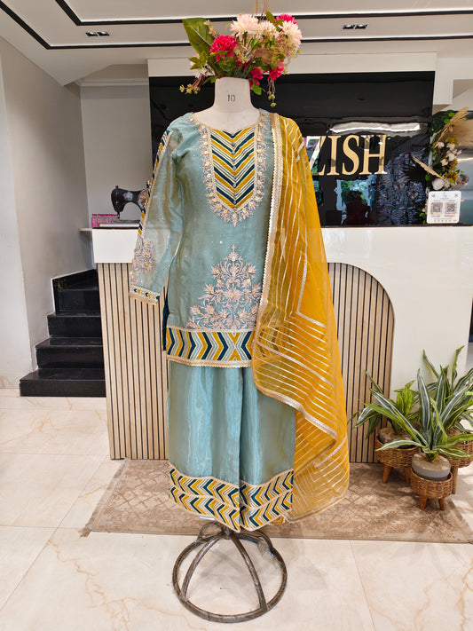 Green & Mustard Glass Tissue Kurta Palazzo Set