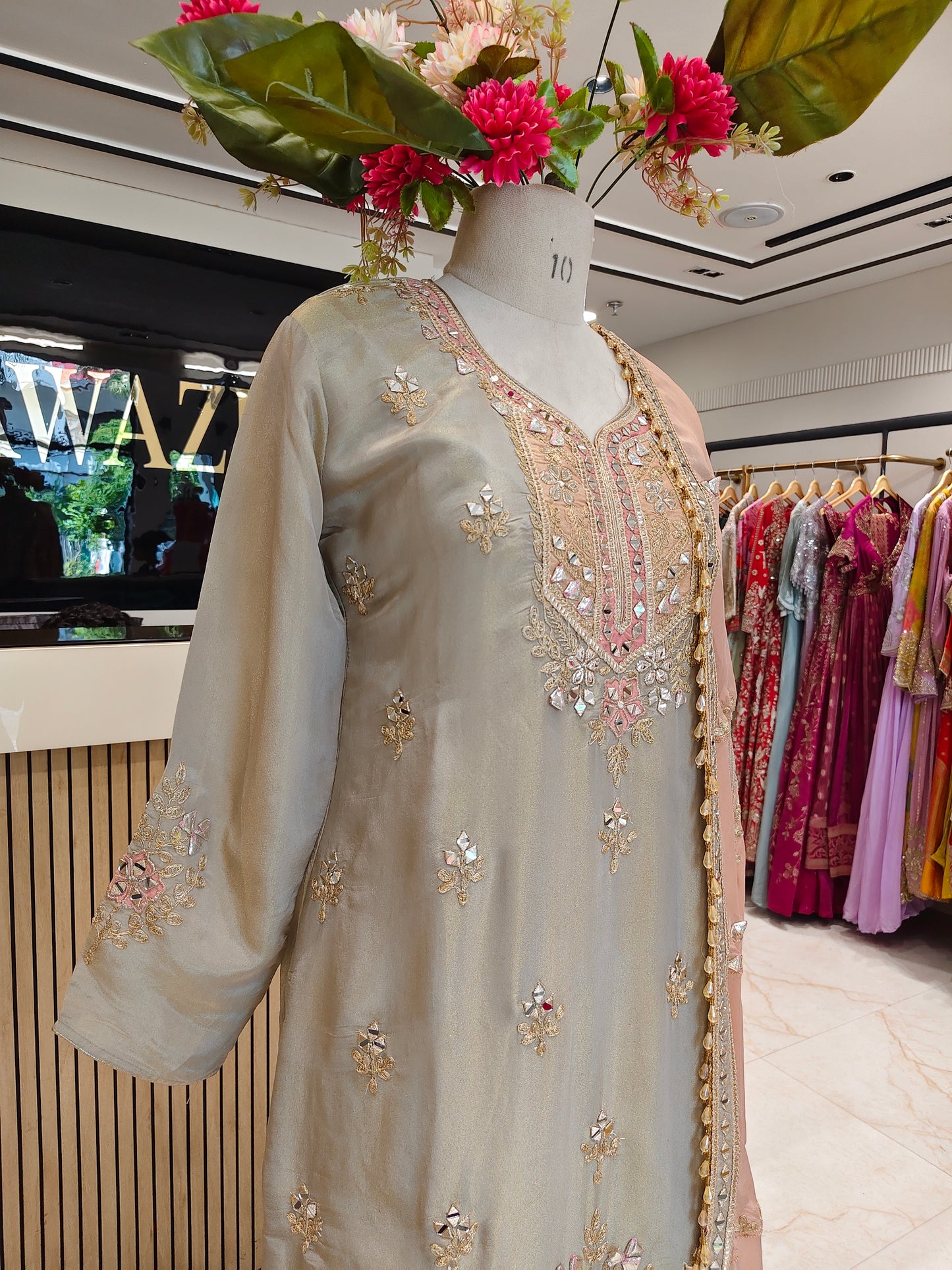 Grey & Peach Kurta Farshi Salwar Set