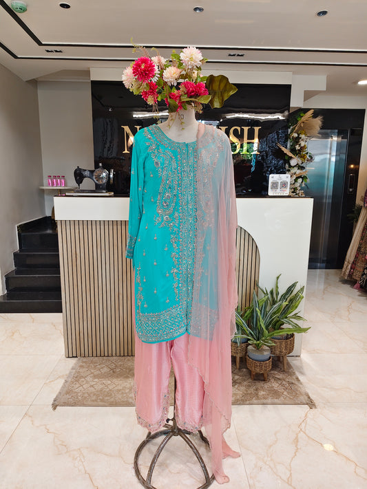 Sea Green & Peach Crepe Kurta Pant Set
