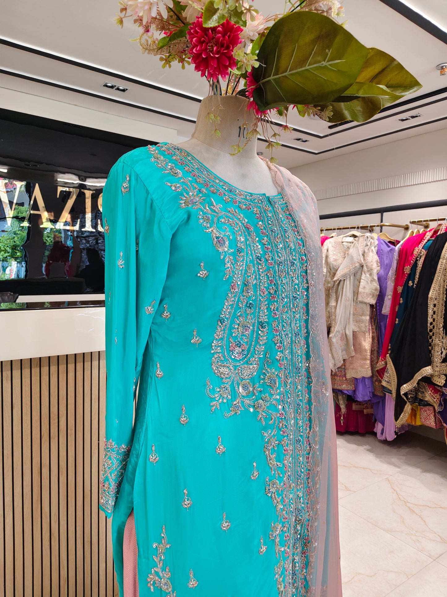 Sea Green & Peach Crepe Kurta Pant Set