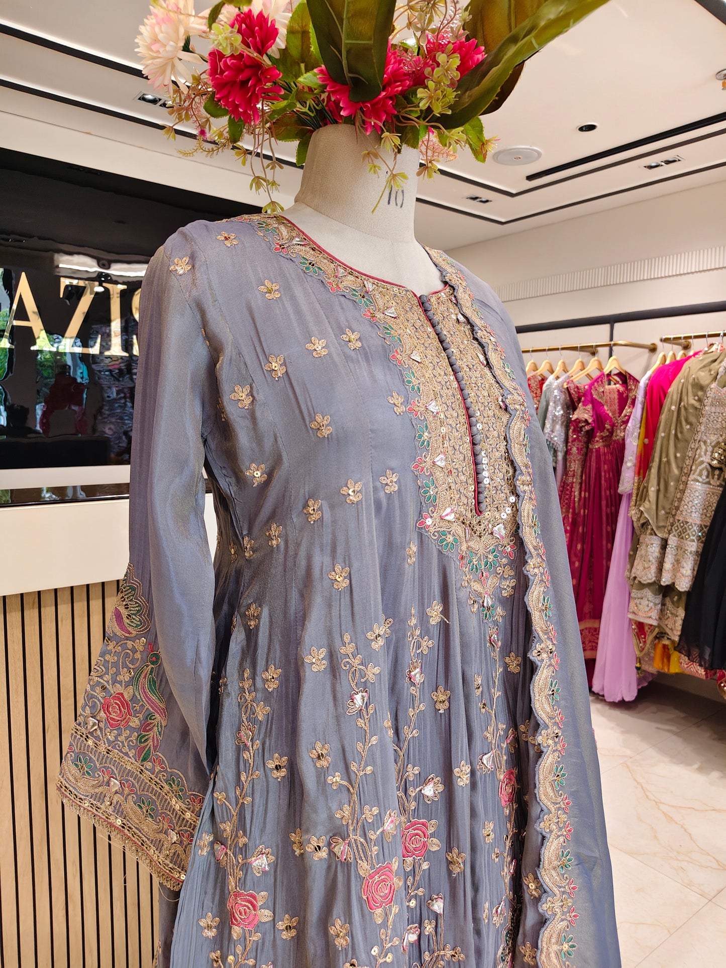 Grey Tissue Anarkali Pant Set