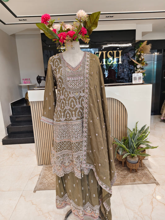 Mehndi Green Chinon Sharara Set