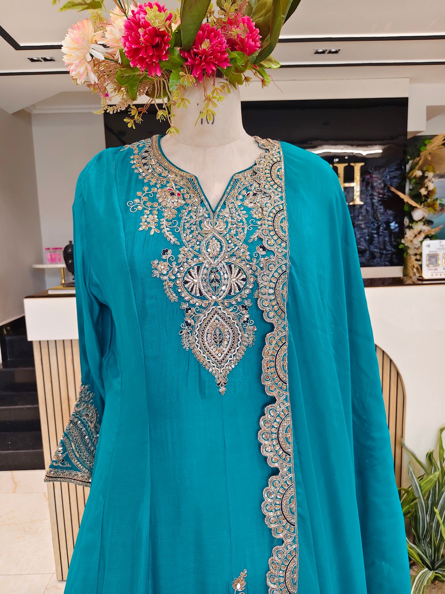 Teal Blue Chinon Sharara Set
