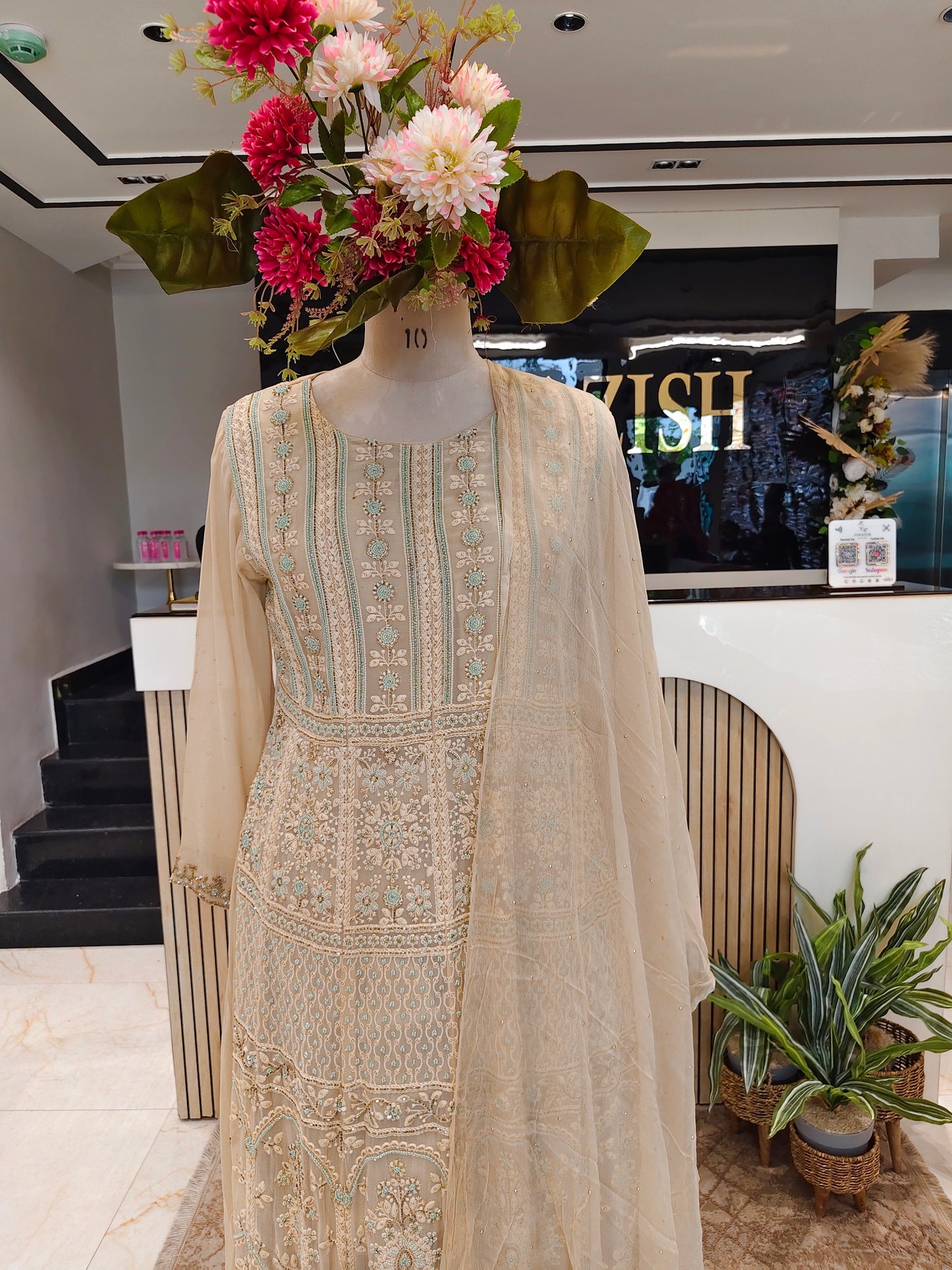 Cream Georgette Anarkali Sharara Set