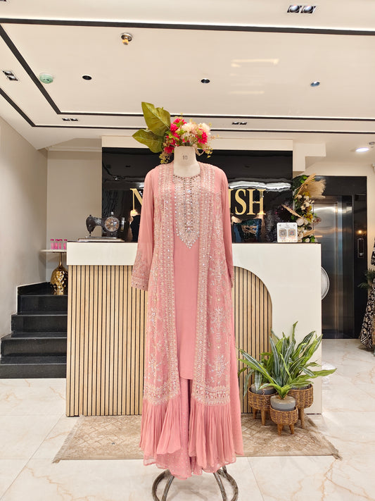 Baby Pink Georgette Anarkali Sharara Set with Shrug