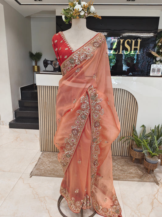 Peach Orange Glass Tissue Saree