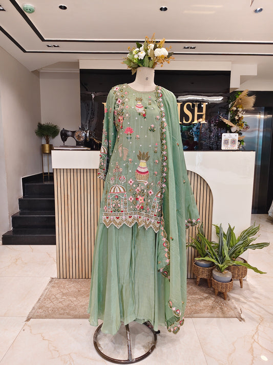 Sea Green Tissue Sharara Set