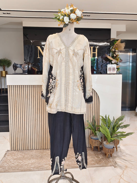 Cream & Black Tissue Indo-Western Set