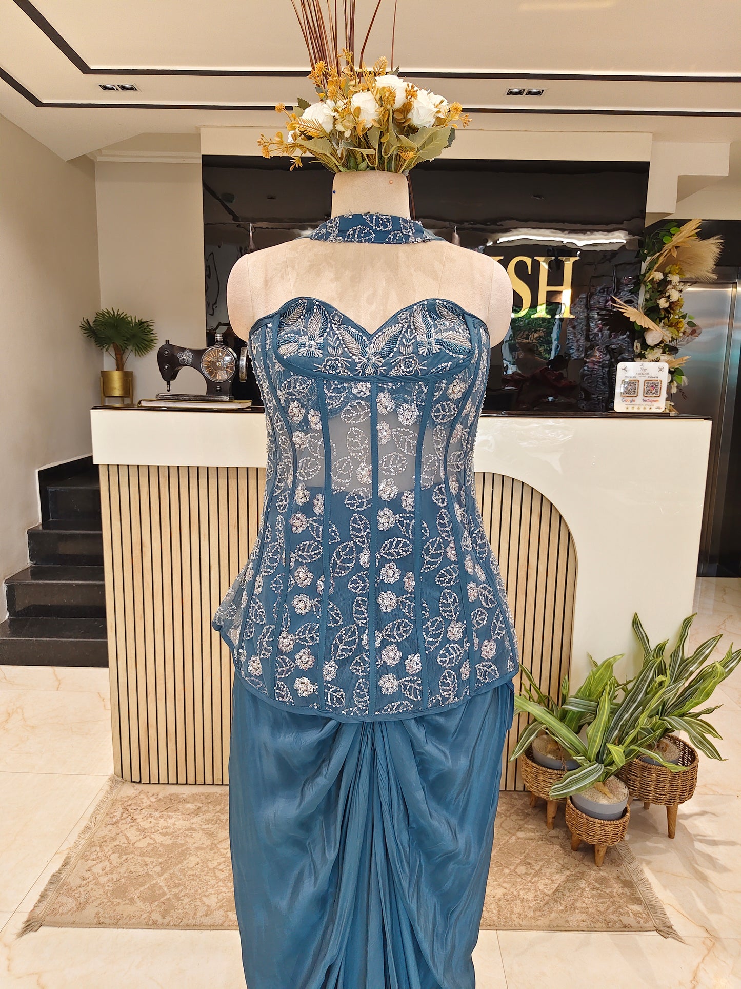 Teal Blue Net Lycra Co-ord Set