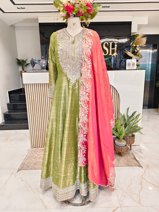 Green & Hot Pink Tissue Anarkali Set