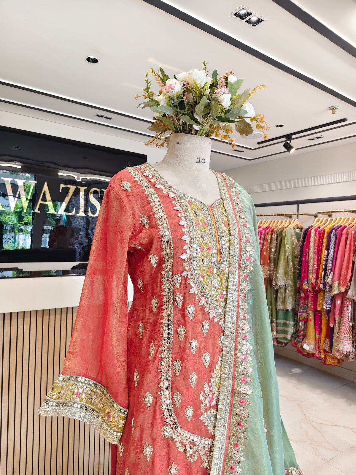 Rust & Mint Green Tissue Sharara Set
