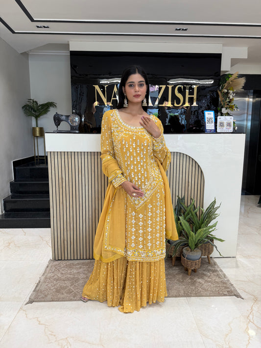 Yellow Georgette Garara Suit with Kartdana, Sequins and Mirror Work