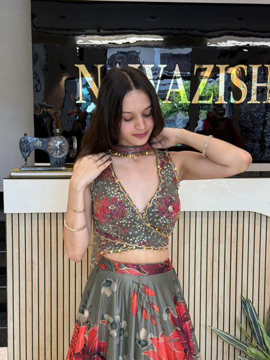 Olive Green Lycra Crop Top Skirt Set
Designer Floral Print Crop Top Skirt
Party Wear Crop Top with Handwork
Wedding Wear Olive Green Crop Top Set
Lycra Crop Top Skirt Set with Dupatta